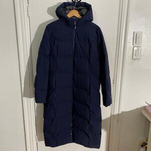 Navy blue, real down hooded puffer coat -Eddie Bauer